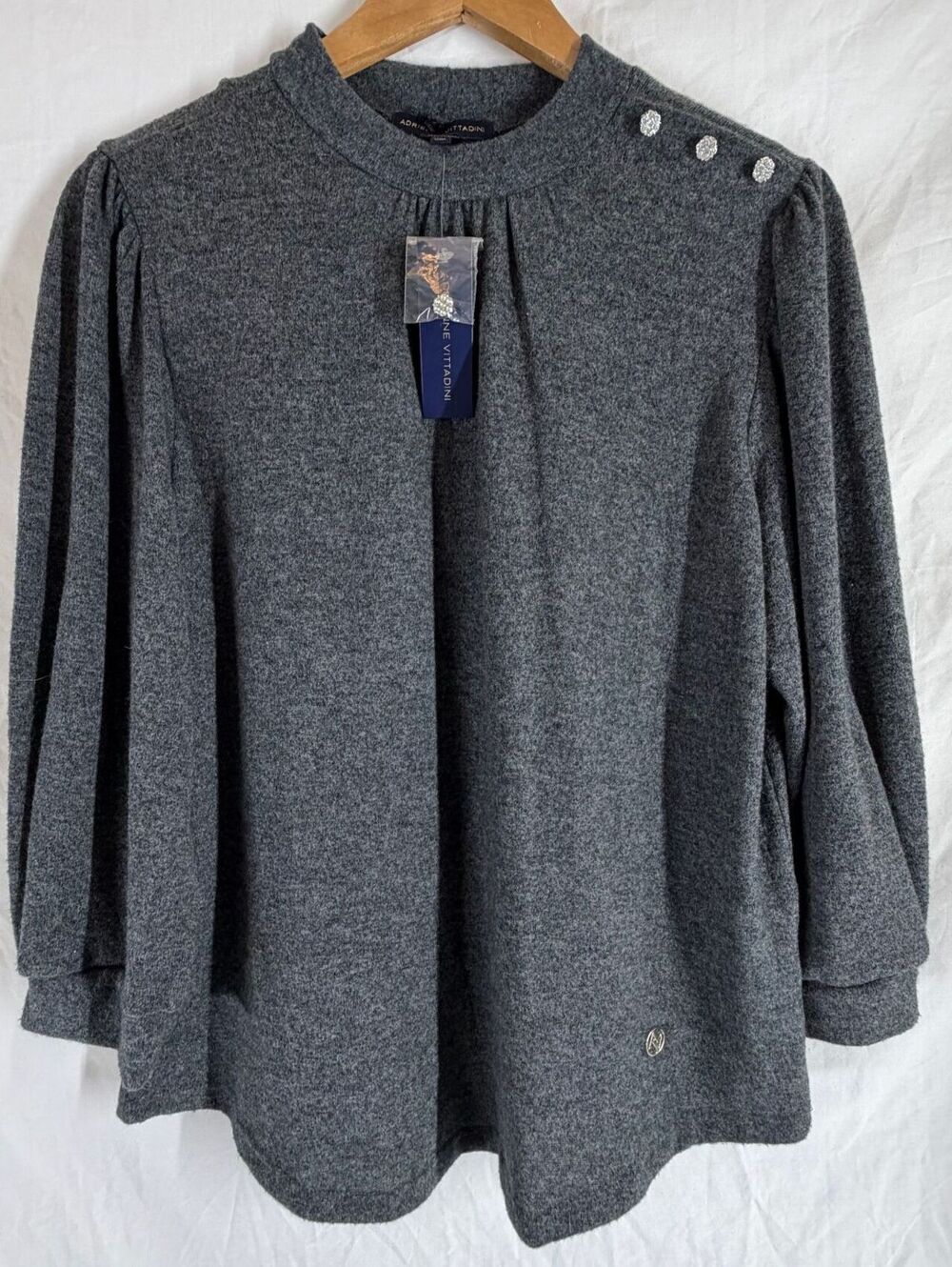 NWT Adrienne Vittadini Gray Sweater with Rhinestone Flower Buttons on Shoulder